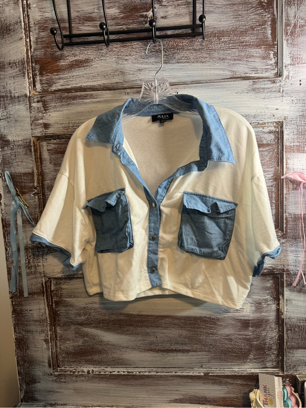 JULIA Cream Button-Down Crop Shirt with Blue Trim